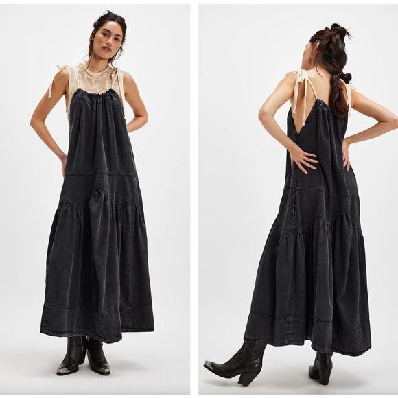 FREE PEOPLE In The Market Maxi Dress Denim Washed Black Sz L {3Y1} - Picture 1 of 8